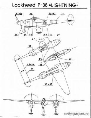 Сборная бумажная модель / scale paper model, papercraft P-38J Lightning [PMI 106] 