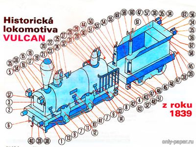 Сборная бумажная модель / scale paper model, papercraft Historicka locomotiva Vulcan z roku 1839 [ABC 21/1988] 
