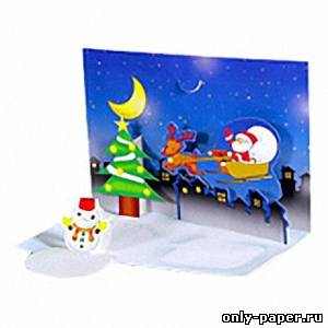 Сборная бумажная модель / scale paper model, papercraft Новогодняя объемная открытка, Дед мороз, елка, снеговик 